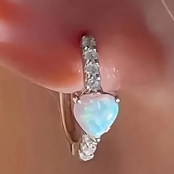 Heart Shaped Simulated Opal & Cubic Zirconia Hoop Lightweight, Dainty Earrings - Picture 2 of 7